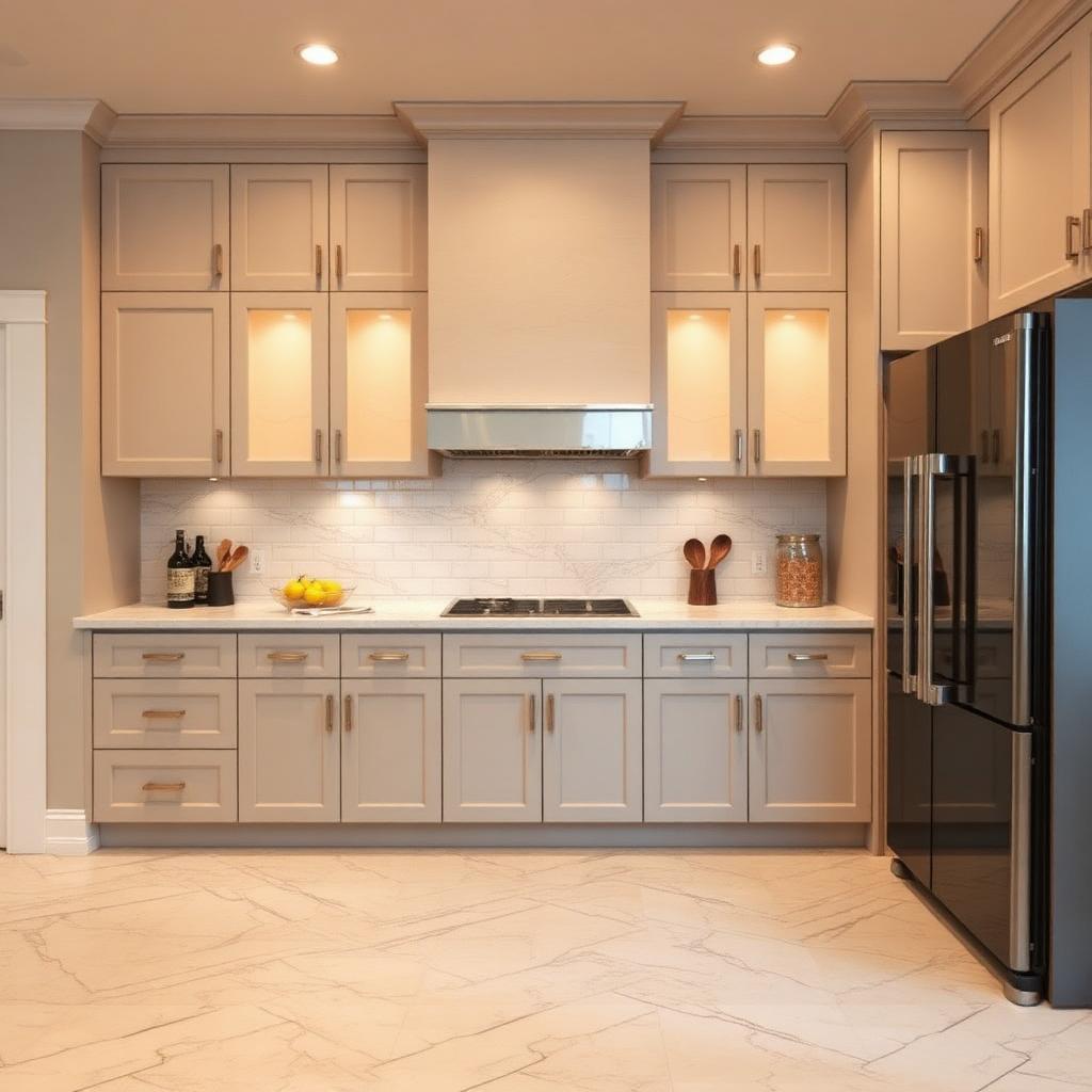 Custom tile backsplash and marble-look tile floor in a modern kitchen